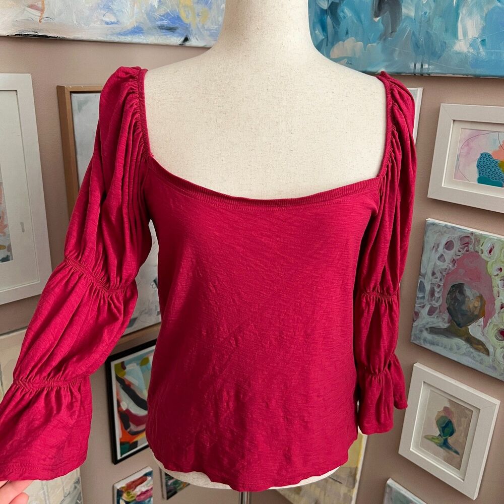 Nation LTD Hillary Romance‎ Tee Magenta Pima Cotton Puff Sleeve Top Size M